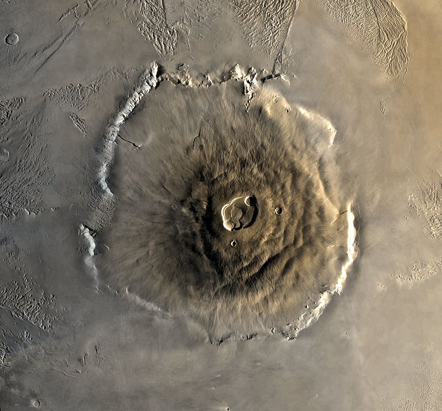 moon surface satellite photo, Mars, Planet, Olympus Mons, Volcano, mountain, highest mountains, space, space travel, solar system