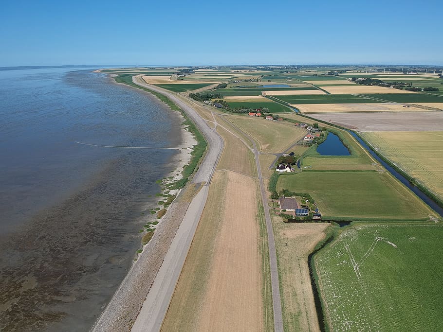 drone, west frisian, zeedijk, wadden sea, friesland, coast, dyke, landscape, wad, dronefoto
