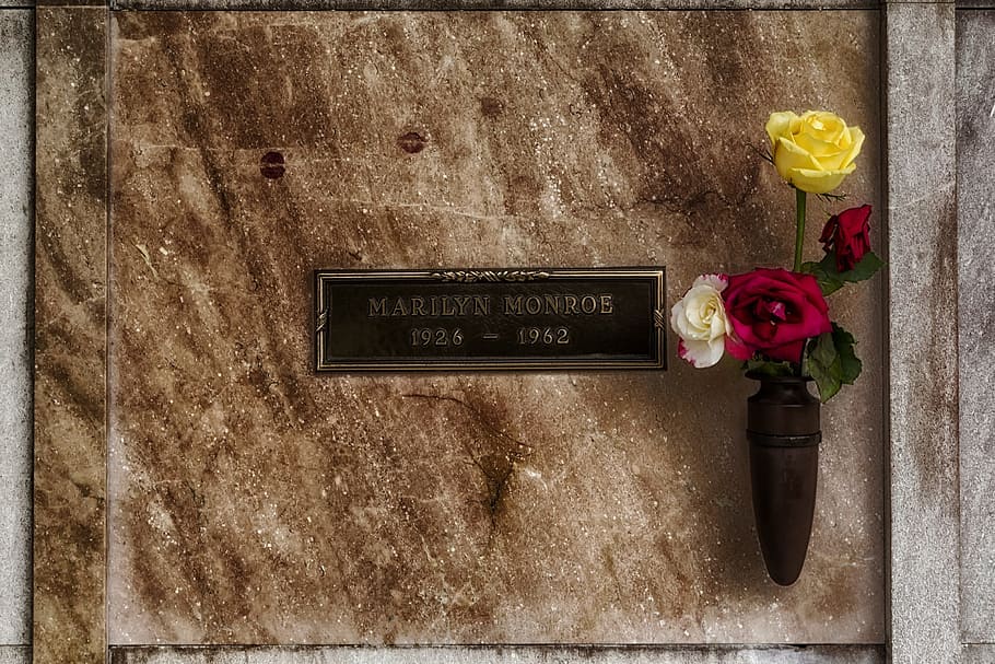 tumba de marilyn monroe, Marilyn Monroe, lugar de descanso, estrella, flores, cripta, primer plano, macro, piedra, mausoleo