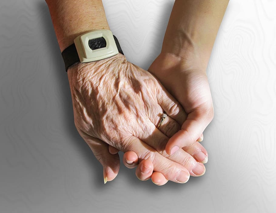 two, person, holding, hands, old, young, caring, friends, family, wrinkled
