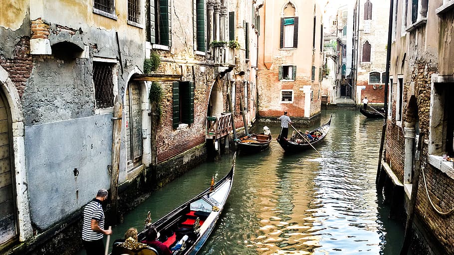 veneziano, itália, barco, azul, velho, paisagem urbana, ruínas, marinha, praça veneziana, barcos