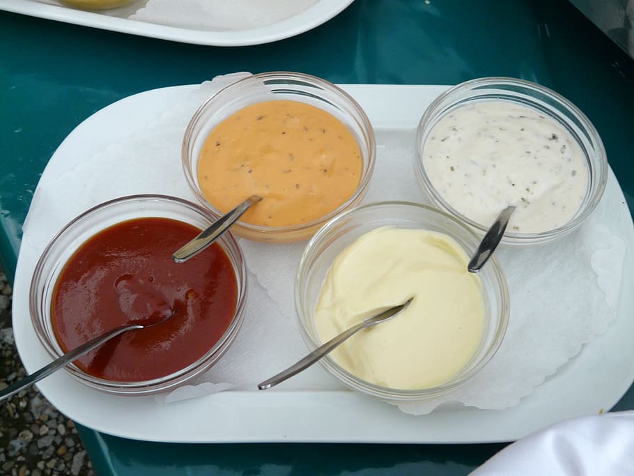 four, assorted, dipping, clear, glass bowls, tomato ketchup, mustard, mayonnaise, dressing, dips