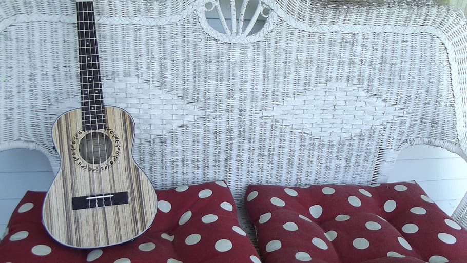 wicker, ukulele, uke, patio furniture, summer, music, indoors, pattern, guitar, textile