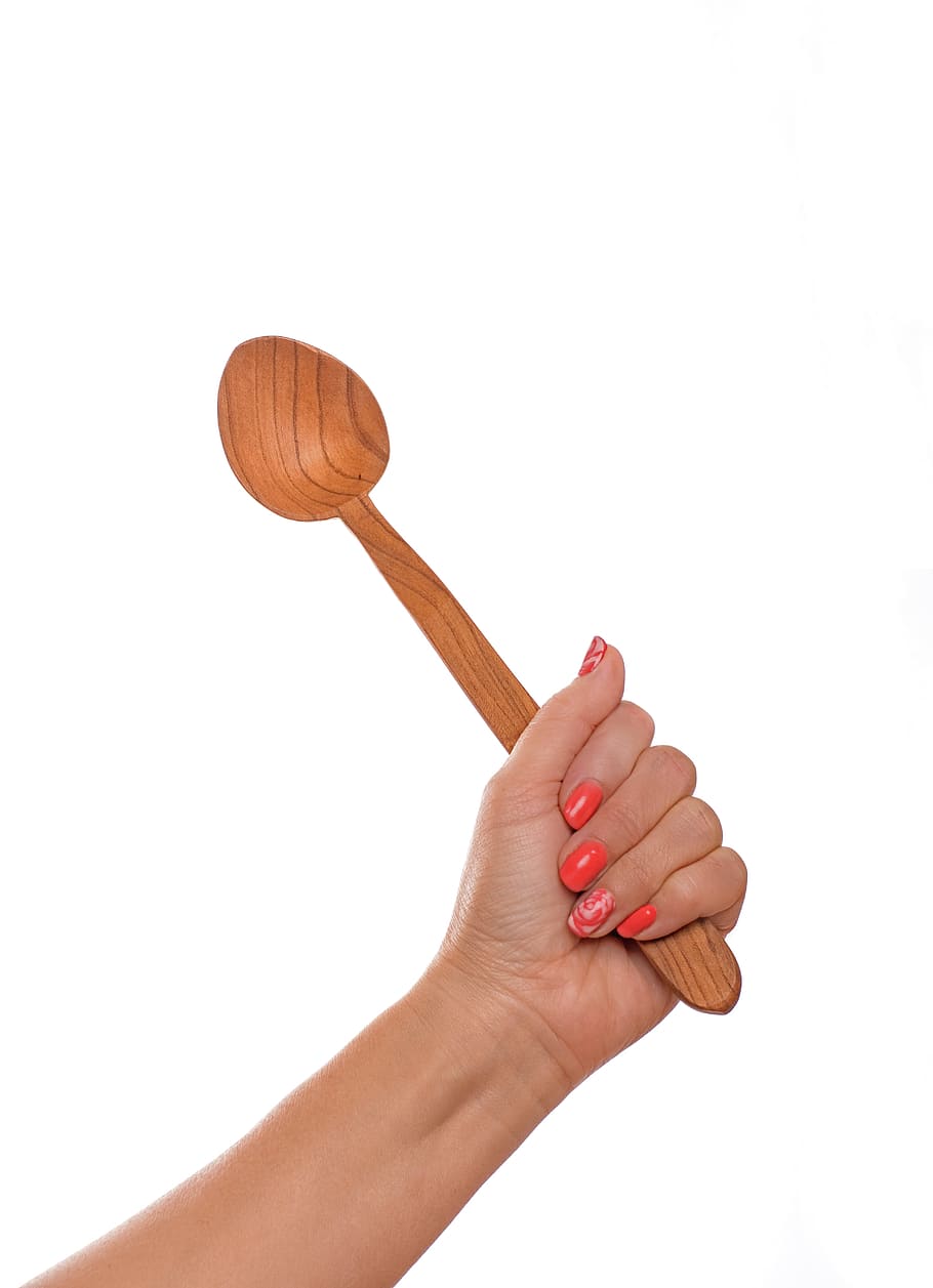 person, holding, brown, wooden, spoon, female hand, wooden spoon, to cook, woman, matriarchat