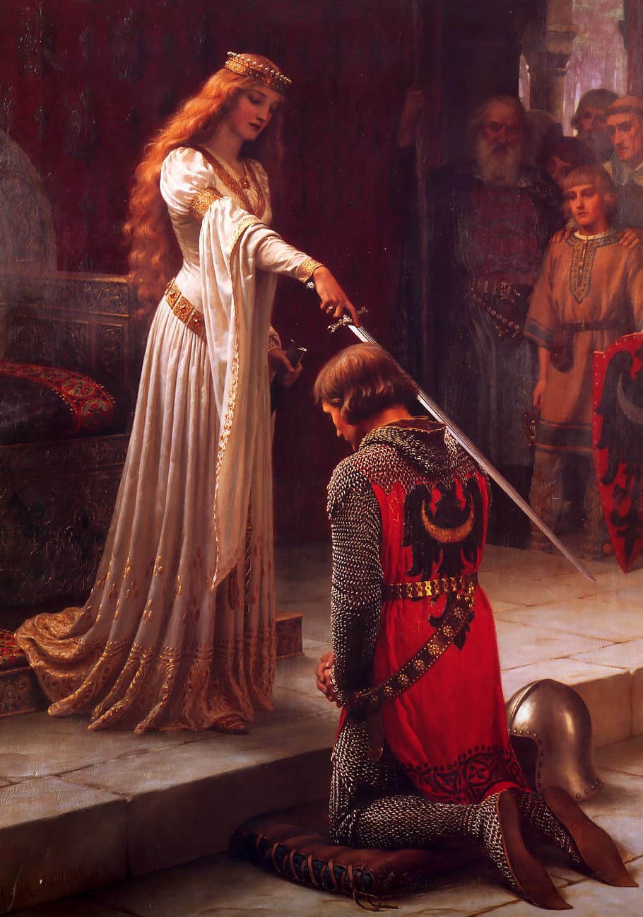 the accolade painting, accolade, knight, middle ages, award, edmund blair leighton, painting, people, cultures, women