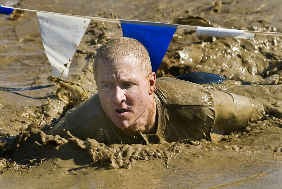 run, mud, competition, obstacle, pit, crawling, fitness, motion, active, training