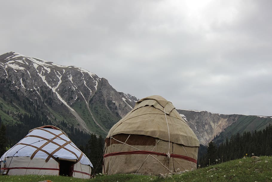 housing, mountains, nature, kyrgyzstan, clouds, sky, rocks, vacation, canyon, mountain