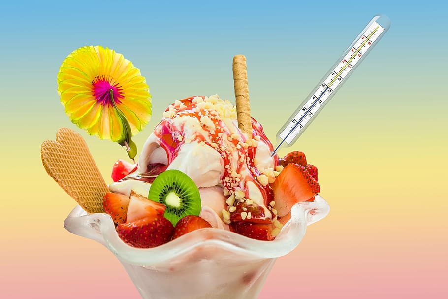 sundae, cartaz termômetro, comer, gelo, sorvete sundae, sorvete, frio, fruta, morangos, kiwi