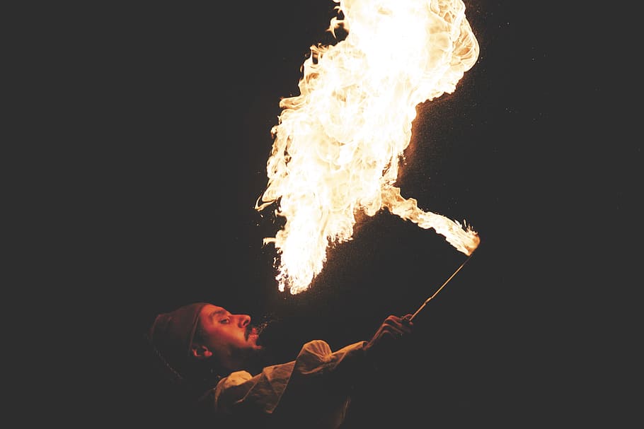 fire, flames, fire breather, guy, man, people, entertainment, show, event, party