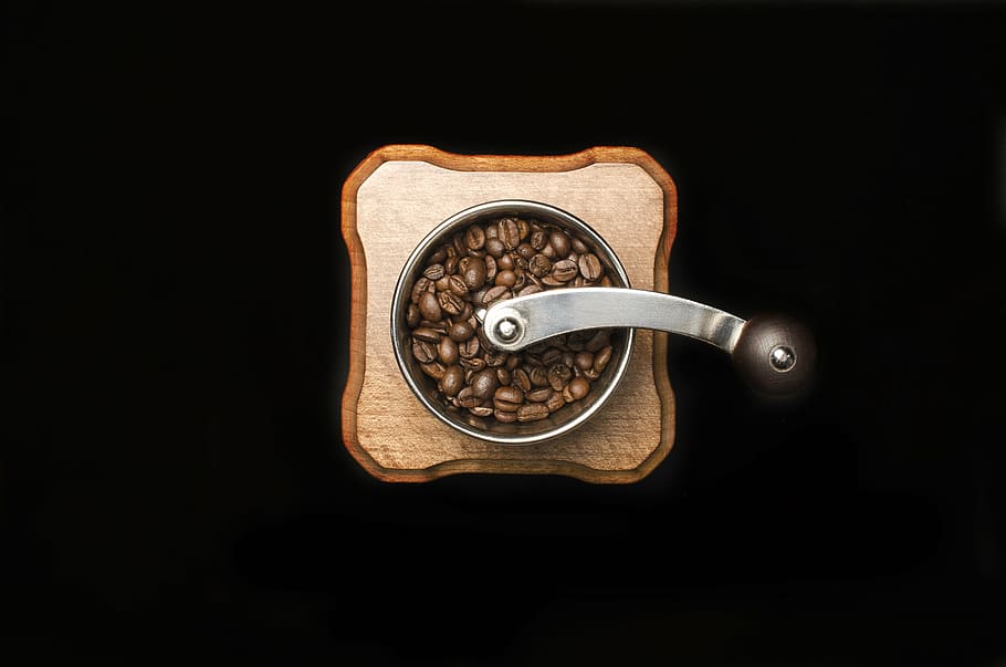 aerial, photography, gray, manual, coffee grinder, coffee, bean, seed, brown, cafe