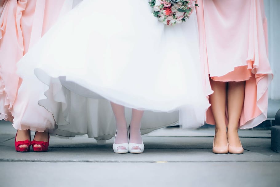 two, woman, wearing, pink, dress, white, wedding, bride, bouquet, bridesmaid dress