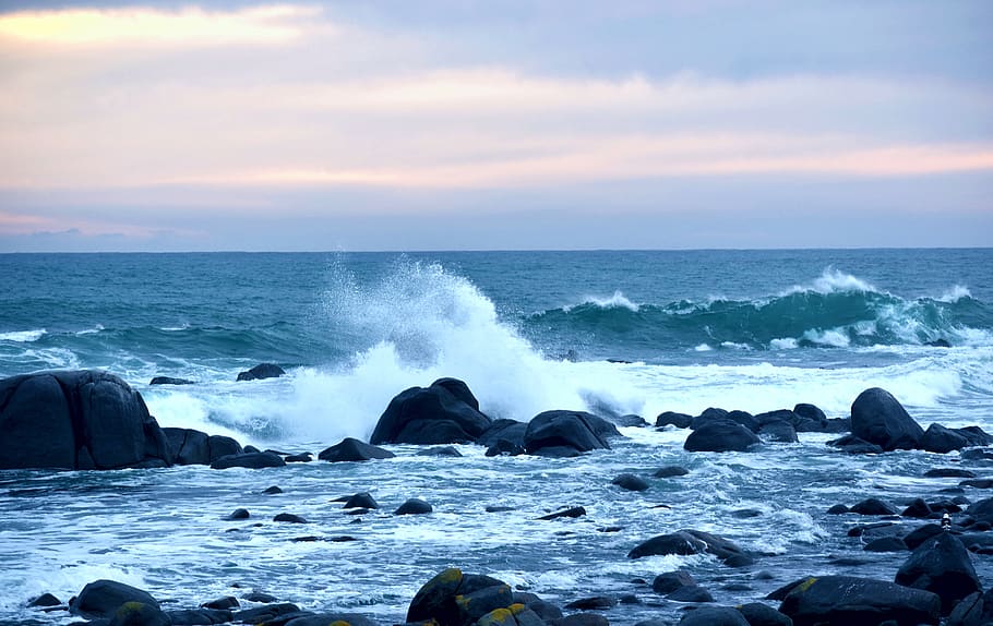 océano, mar, olas, rompedores, áspero, rocas, costa, agua, cielo, movimiento