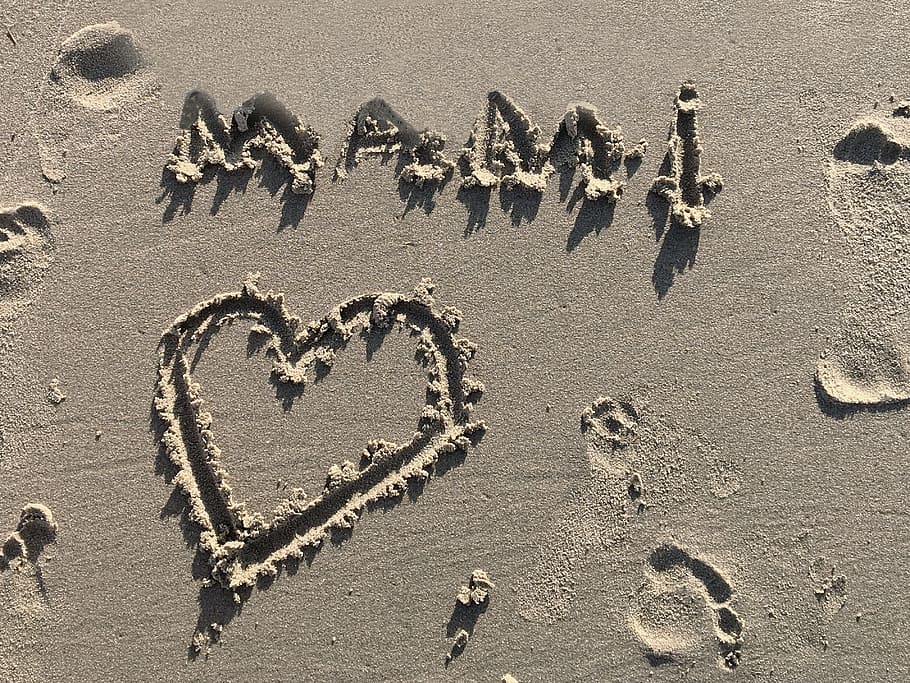 Sand, Beach, Tracks, Font, sand, beach, tracks in the sand, heart, child's hand, footprints in the sand, declaration of love