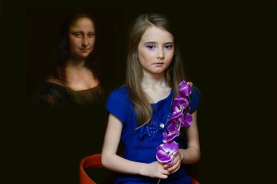 girl, mona lisa painting, lady, view, nose, beautiful, fashion, two people, people, looking at camera