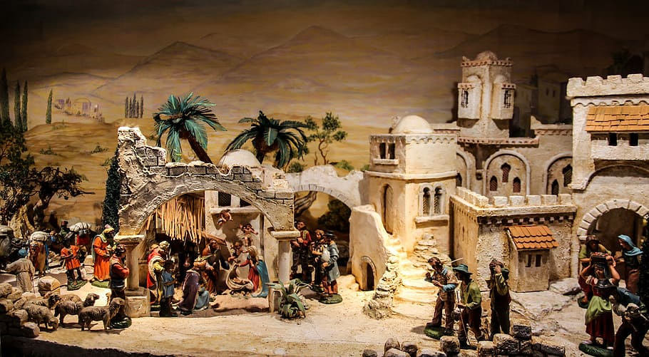 historical diorama, nativity scene, crib, christmas, father christmas, decoration, jesus, greeting card, architecture, built structure