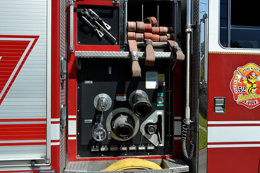 fire engine, supplies, fire hose, water, tank, pressure, valve, engine company, fire and rescue, industry