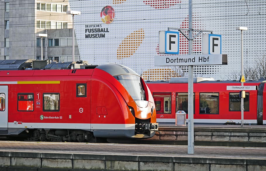 selective, focus photography, red, train, dortmund hbf signage, dortmund hbf, german football museum, s bahn, terminal, central station