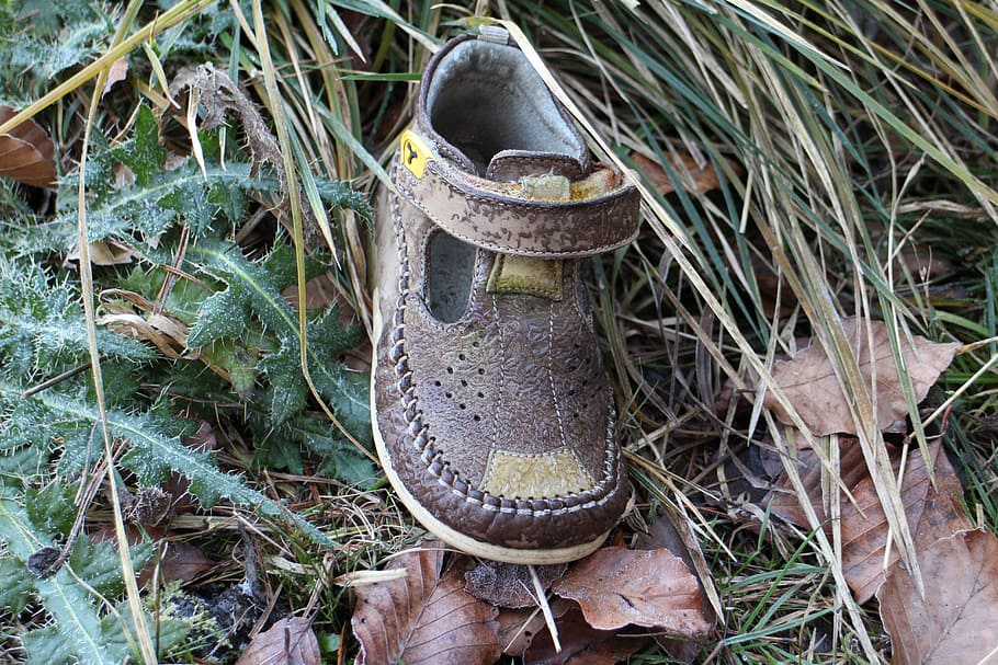 zapato infantil, zapato, individualmente, naturaleza, bosque, niño, ropa, pie, pequeño, gastado