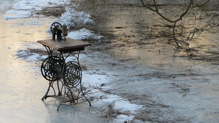 black, sewing machine, body, water, Cold, Lake, Winter, Frozen, Frost, cold, lake