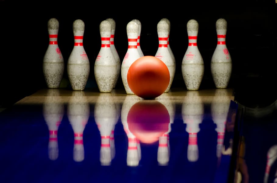 white-and-red bowling set, tilt, photography, white, bowling, pins, orange, ball, bowling alley, lane
