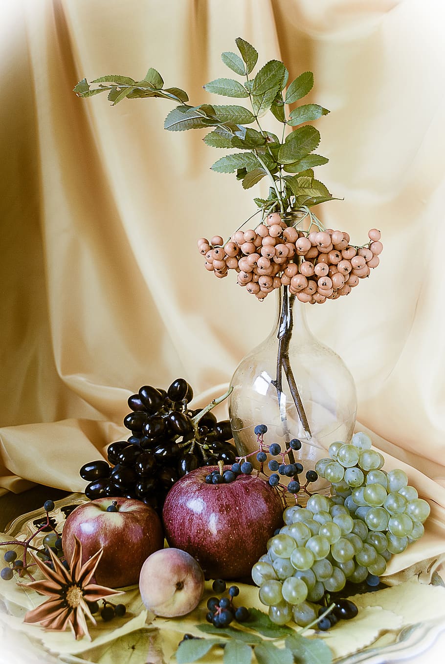 still life, grapes, apples, fruit, berry, composition, a bunch of, rowan, clusters of rowan, food