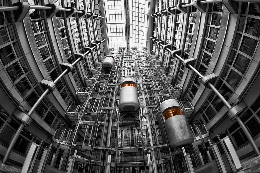 gray metal elevators, lifts, architecture, ludwig erhard haus, interior, berlin, color key, pipe - tube, backgrounds, steel