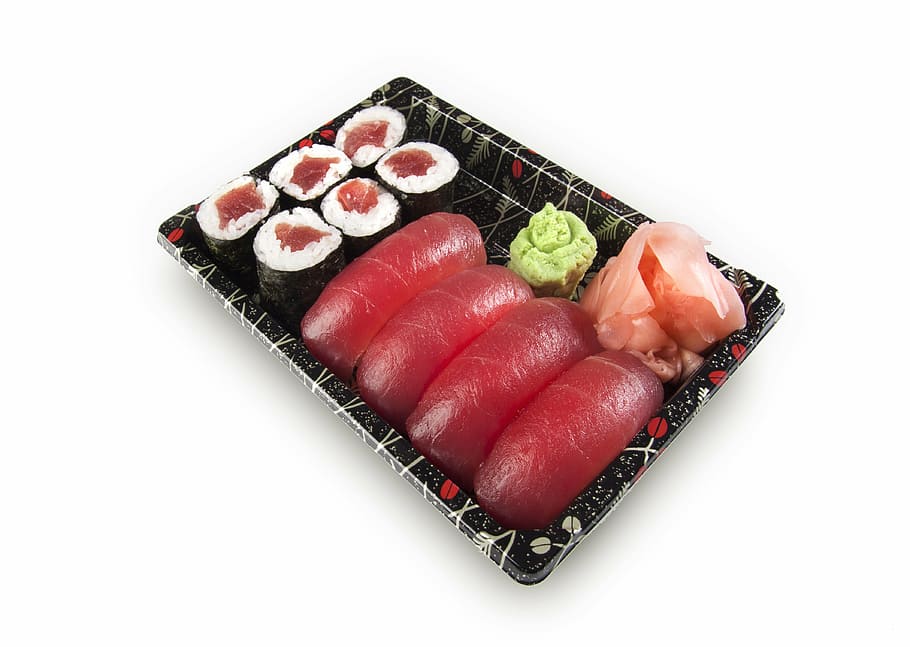 sushi, set, nigiri, maki, ikan, mentah, salmon, nasi, wasabi, tuna