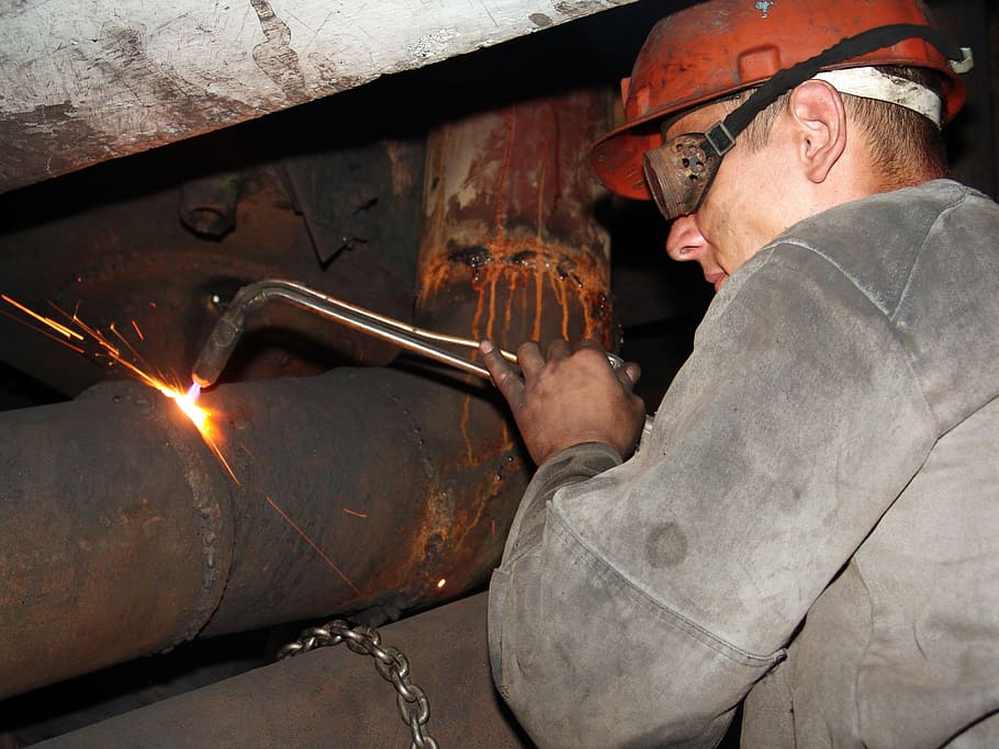Man, Work, Welder, Industry, One, man, work, hard labour, welding gas, trumpet, fire