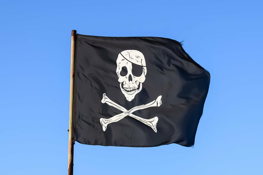 black pirate flag, pirate flag, black, skull, piracy, skeleton, emblem, scary, fear, nautical