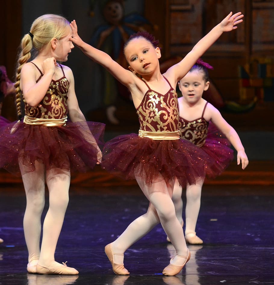 three, ballerinas, wearing, maroon, gold dresses, ballet, children, dance, tutu, performance