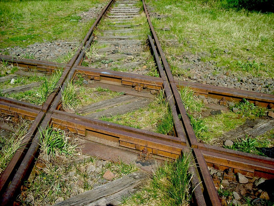 brown, metal train rail, junction, seemed, train, gleise, crossroads, travel, intersection, railroad track