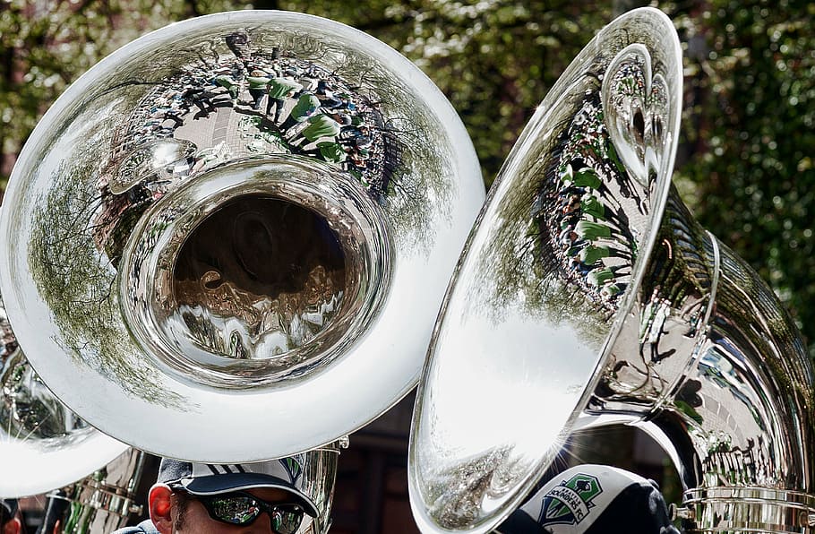two, men, playing, trombones, brass band, reflections, tuba, sousaphone, rally, sounders