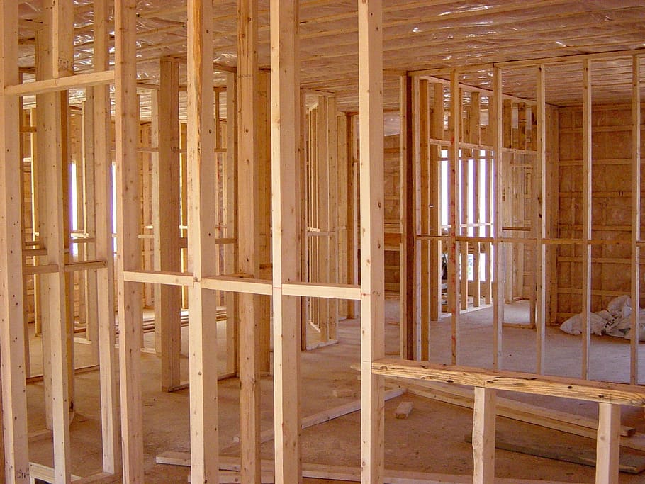 brown, wooden, house, interior, frame, construction, building, shell, home, contractor