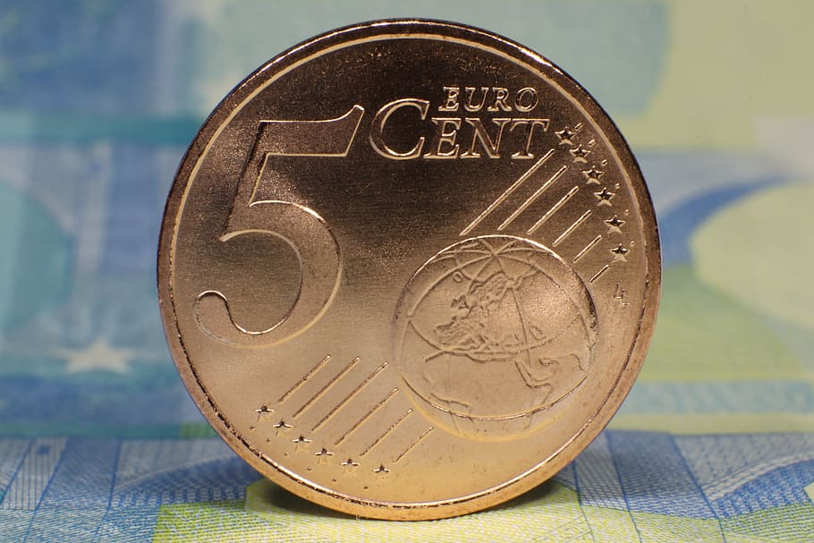 five, euro, cent, coin, front side, earth, globe, currency, copper, metal