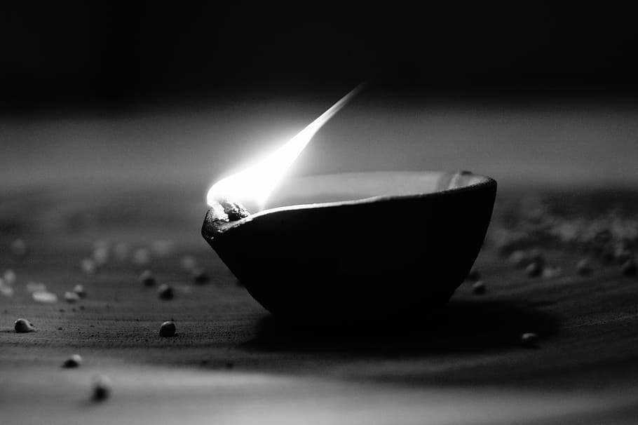 greyscale photography, Diwali, Festival, Candle, Blackandwhite, close-up, outdoors, black background, day, selective focus