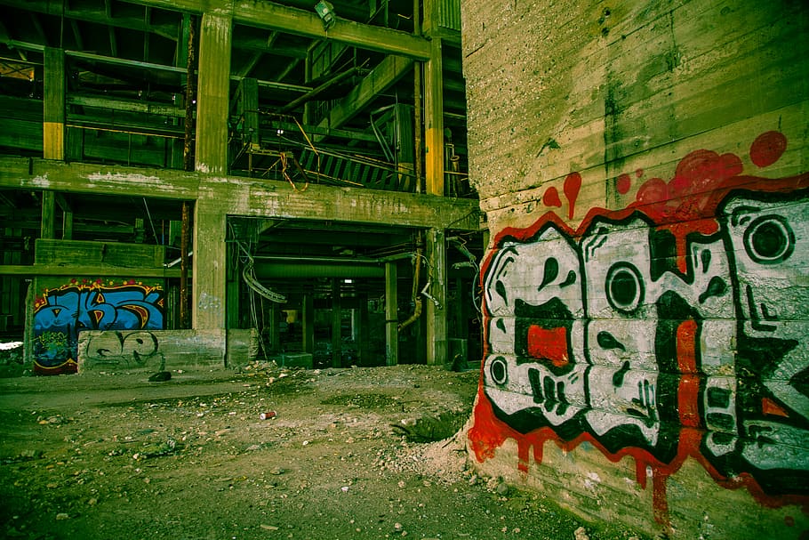 multicolored, mural paint, building, graffiti, vivid, vandalism, drugs, green, neon, abandoned building