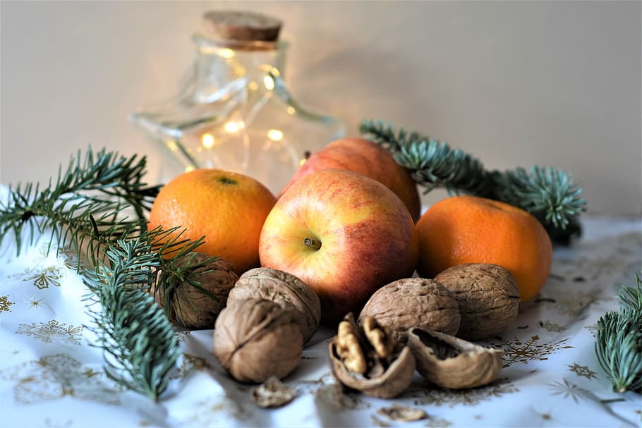 fruit, apple, mandarin, nuts, walnuts, decoration, advent, healthy, vitamins, food