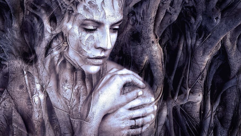 tree trunk, woman face art, composing, woman, fantasy, face, beauty, mystical, root, aesthetic