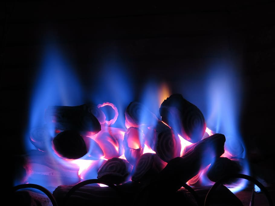 blue, flame, inside, dark, room, close, electric, firewood, night, fire