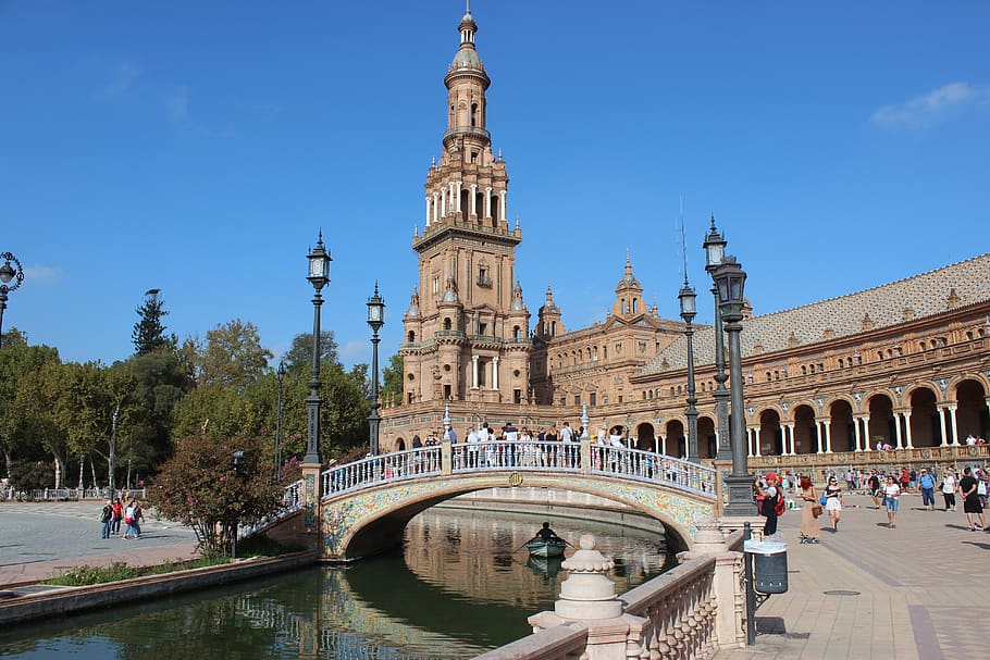 Sevilla, España, área, arquitectura, edificio, agua, plaza de España, cielo, estructura construida, exterior del edificio