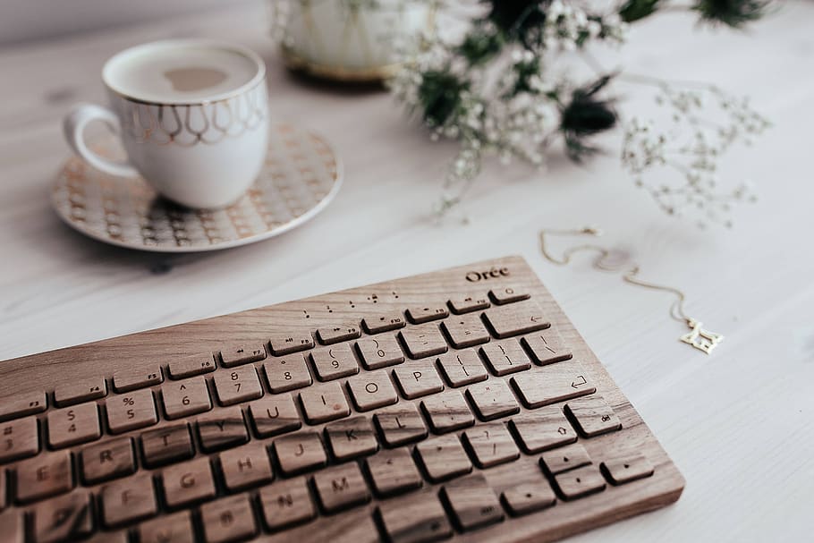 teclado, tecnologia, café, mesa, xícara, oree, cappucino, hipster, caffee, madeira