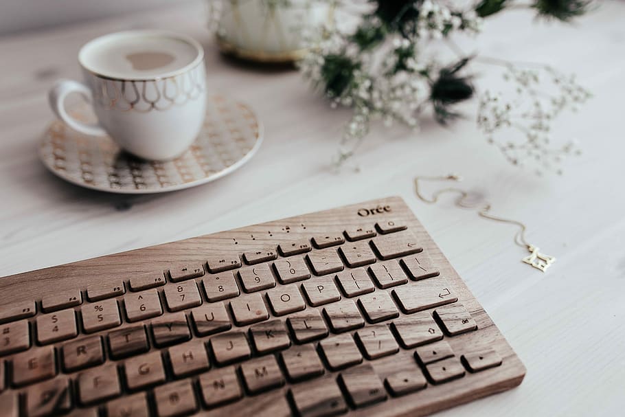 teclado, taza, café, madera, taza de café, tecnología, escritorio, oree, cappucino, hipster