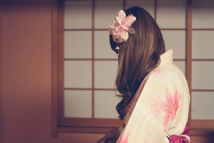 geisha, long, curl, hair, flower hair piece, flower, piece, kimono, japan, japanese Culture