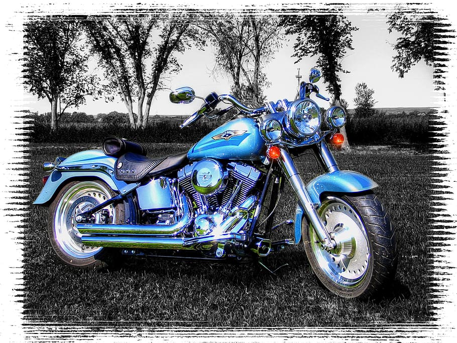blue, cruiser motorcycle, motor, motorcycle, wheels, vehicle, transport, transportation, ride, power