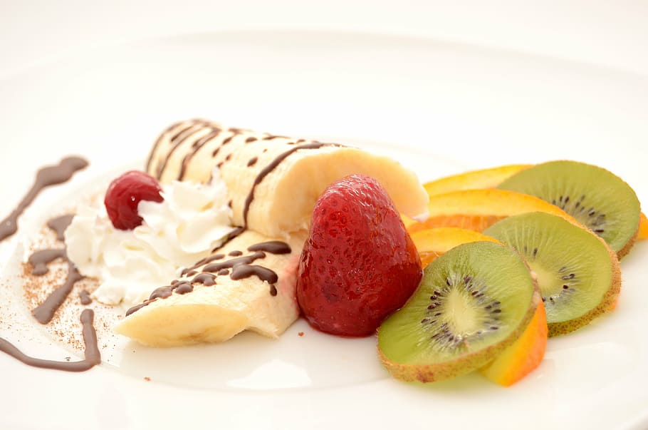 bananas, strawberries, kiwi, orange, dessert, ice cream, fruit, sweets, whipped cream, eating