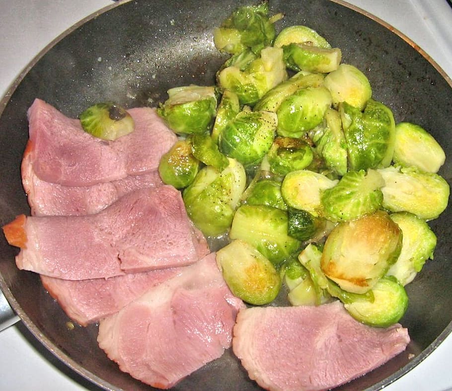 ham, brussel sprouts, garlic, olive oil, grilled, food, food and drink, healthy eating, freshness, wellbeing