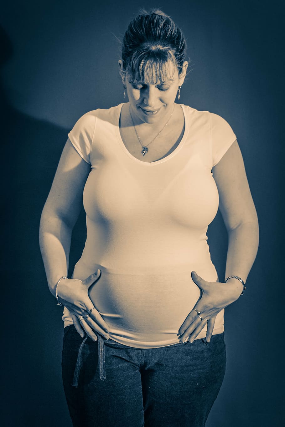 woman, wearing, white, scoop-neck shirt, family, pregnant, baby, pregnancy, infant, mom
