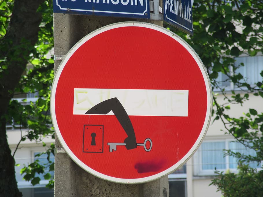 panel, street, logo, no entry, drawing, road sign, key, clet, red, sign