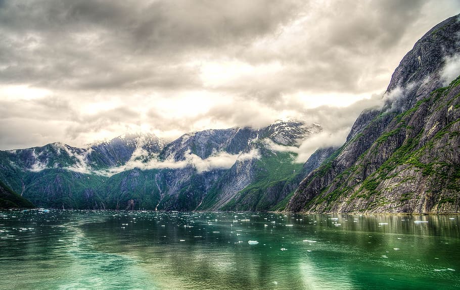 berbatu, gunung, tubuh, air, tracy arm fjord, alaska, juneau, pegunungan, hdr, indah