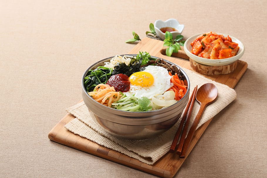 soleado, lateral, plato de huevo, inoxidable, cuenco de acero, fotografía de alimentos, coreano, bibimbap, yeongdeungpo muy, Comida